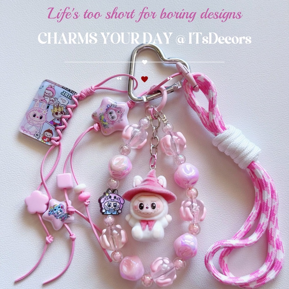 Iridescent Beaded Bag Charm with Labubu Figure: Handmade Keychain Phone Strap